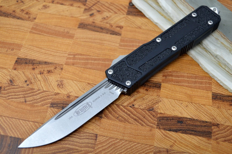 Microtech Scarab II OTF - Stonewash Finish / Single Edge / Aluminum Black Handle  - 278-10