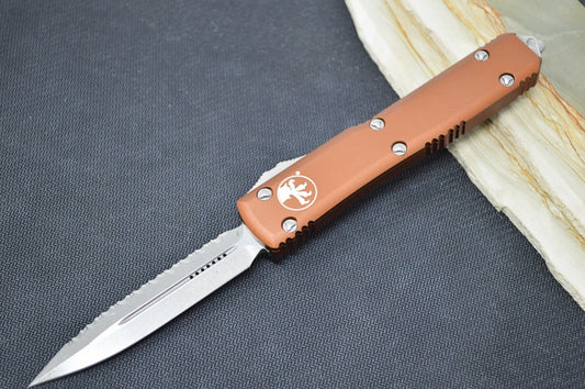 Microtech Ultratech OTF - Apocalyptic Finish / Full Serrated Dagger Blade / Tan Aluminum Handle 122-12APTA