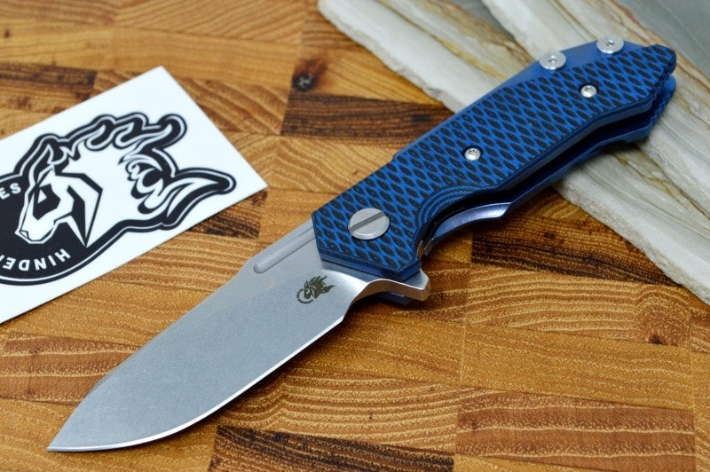 Hinderer Knives Halftrack - Tri Pivot - Stonewash Clip Point Slicer Blade/ Blue Ti Handle / Black-Blue G10