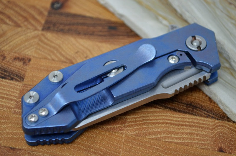Hinderer Knives Halftrack - Tri Pivot - Stonewash Clip Point Slicer Blade/ Blue Ti Handle / Black-Blue G10