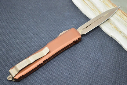 Microtech Ultratech OTF - Bronzed Apocalyptic Finish / Dagger Blade / Tan Aluminum Handle 122-13APTA
