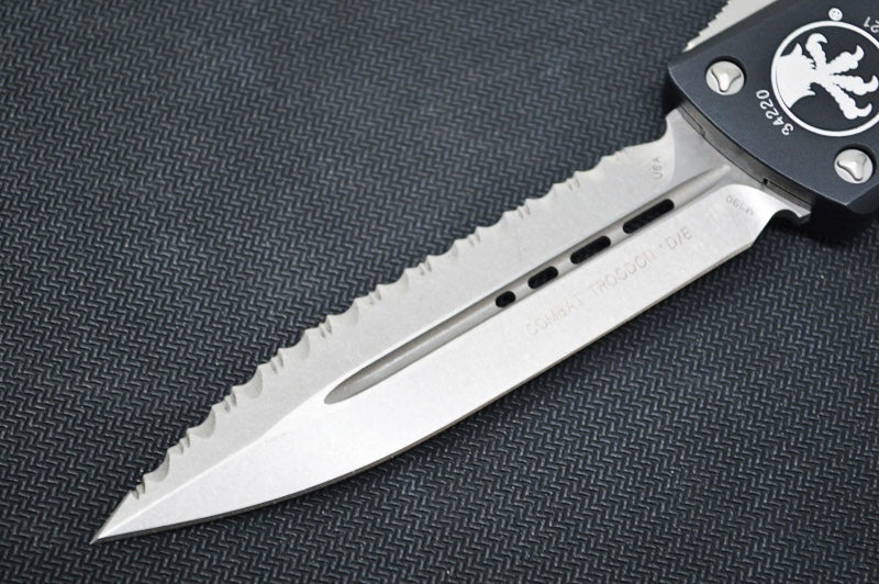 Microtech Combat Troodon OTF - Full Serrated Double Edge / Stonewash Blade / Black Handle- 142-12