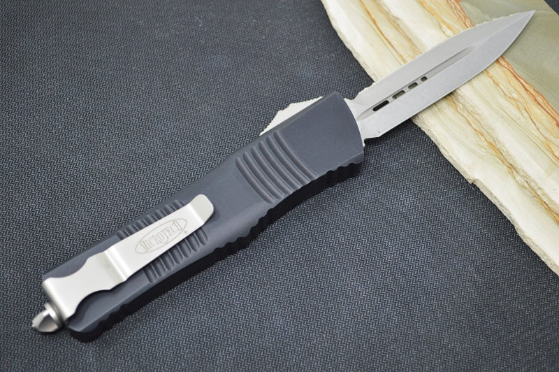 Microtech Combat Troodon OTF - Full Serrated Double Edge / Stonewash Blade / Black Handle- 142-12