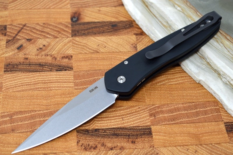 Pro Tech Newport Auto Left Hand - Black Aluminum Handle - S35VN Stonewash Blade 3405-LH