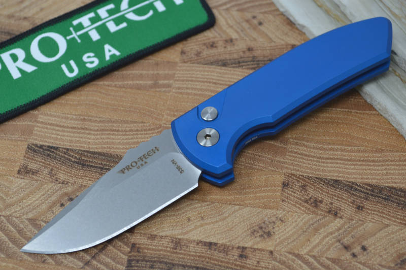 Pro Tech SBR Auto - Blue Handle / Stonewash Plain Blade