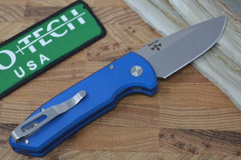 Pro Tech SBR Auto - Blue Handle / Stonewash Plain Blade - Northwest Knives
