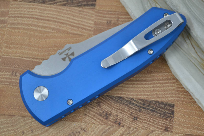Pro Tech SBR Auto - Blue Handle / Stonewash Plain Blade