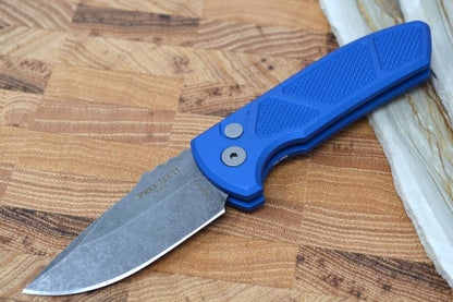 Pro Tech SBR Auto - Blue Knurled Handle / Acid Washed Plain Blade
