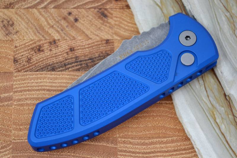 Pro Tech SBR Auto - Blue Knurled Handle / Acid Washed Plain Blade