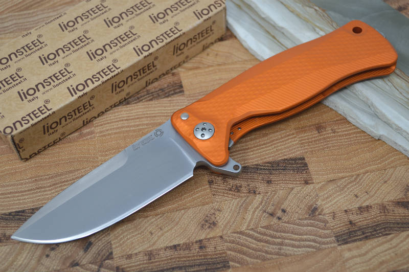 Lionsteel SR-11 Orange Aluminum Integral Flipper - Satin Blade - SR11A-OS - Northwest Knives