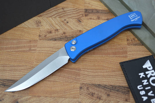 Pro Tech Small Brend Auto - Blue Handle - Satin Plain Edge Blade - Northwest Knives