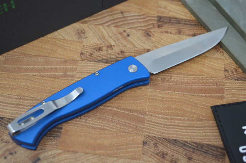Pro Tech Small Brend Auto - Blue Handle - Satin Plain Edge Blade - Northwest Knives