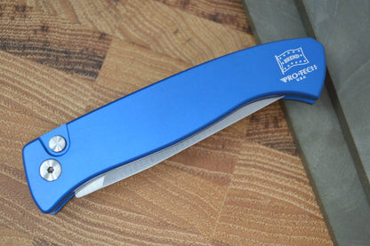 Pro Tech Small Brend Auto - Blue Handle - Satin Plain Edge Blade - Northwest Knives