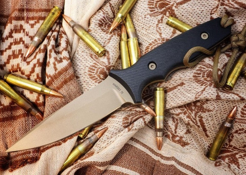 Spartan Blades Harsey Tactical Trout Fixed Blade - FDE Blade / Black Micarta Handle / Black Nylon Retention Sheath SB43DEBKNLBK