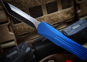 Heretic Knives Manticore E OTF - Battleworn Finish / Tanto Blade / Elmax Steel / Blue Anodized Aluminum Handle H027-8A-BLU - Northwest Knives
