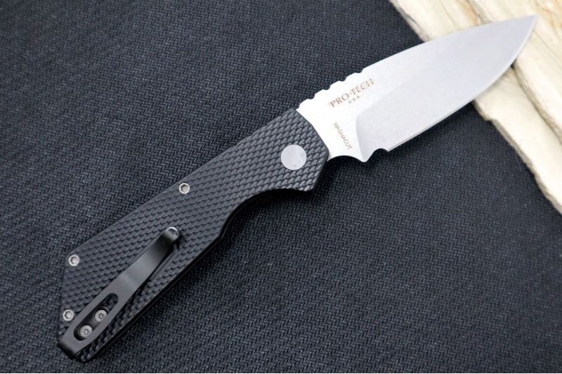 Pro Tech Strider PT+ Auto - Textured Black Anodized Aluminum Handle / Stonewash Finish / Magnacut Steel PT205