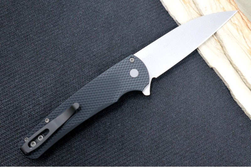 Pro Tech Malibu - Textured Black Anodized Aluminum Handle / Stonewash finish / Wharncliffe Blade / CPM-Magnacut 5305