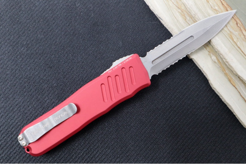 Guardian Tactical Recon 035 - Stonewash Partial Serrated Dagger Blade / Red Aluminum Handle 94532