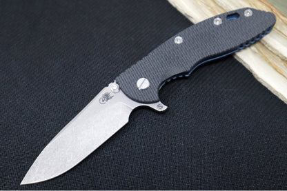 Rick Hinderer Knives Skinny XM-18 - 3.5" Slicer Blade / Working Finish / Black G-10 & Battle Blue Anodized Titanium Handle