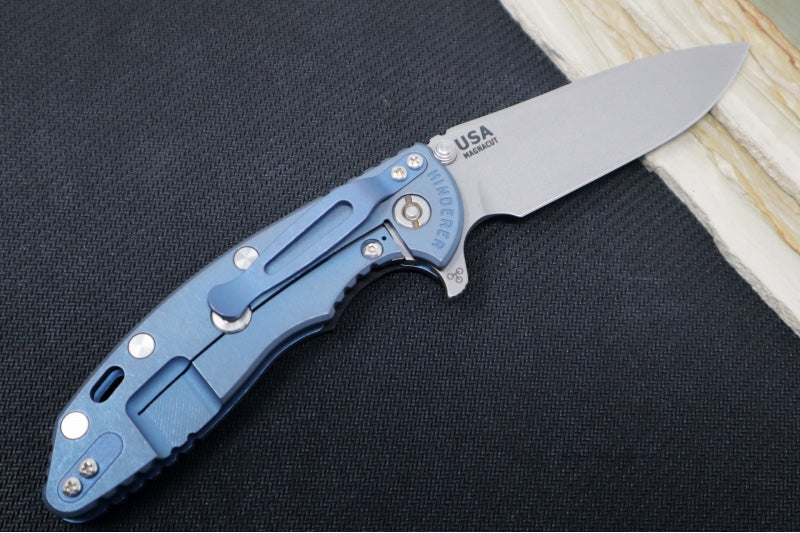 Rick Hinderer Knives Skinny XM-18 - 3.5" Slicer Blade / Working Finish / Black G-10 & Battle Blue Anodized Titanium Handle