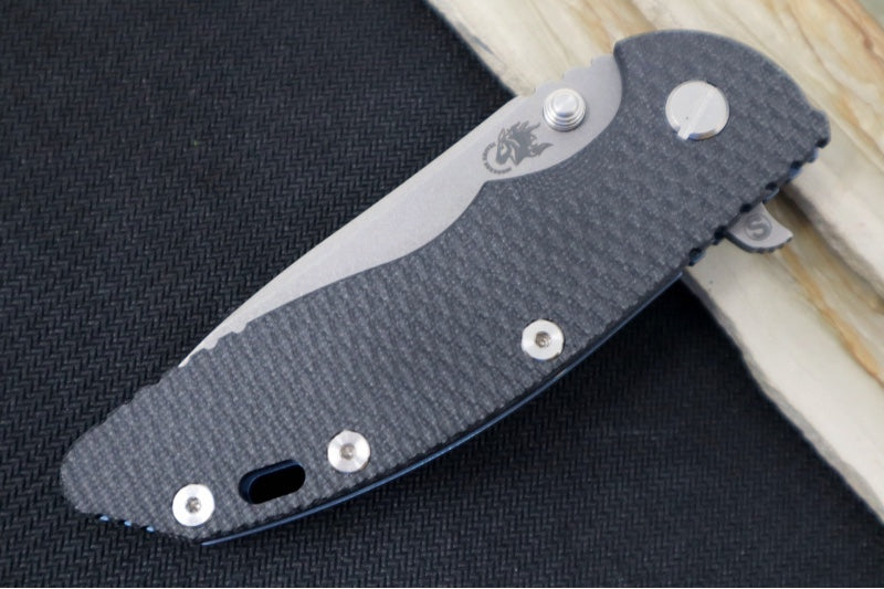 Rick Hinderer Knives Skinny XM-18 - 3.5" Slicer Blade / Working Finish / Black G-10 & Battle Blue Anodized Titanium Handle