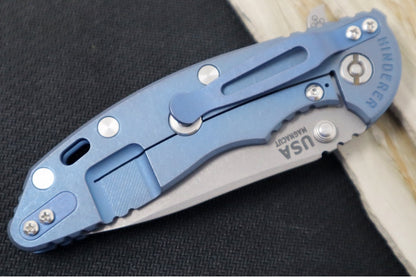 Rick Hinderer Knives Skinny XM-18 - 3.5" Slicer Blade / Working Finish / Black G-10 & Battle Blue Anodized Titanium Handle