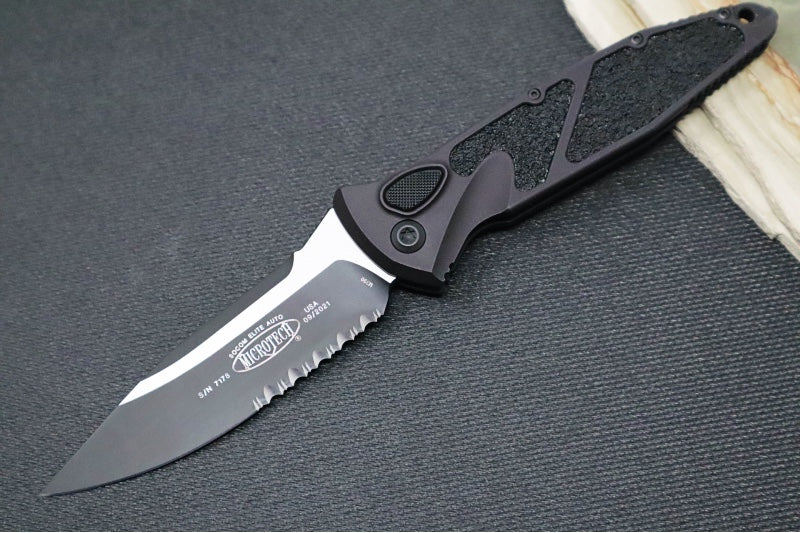 Microtech SOCOM Elite Auto Tactical - Drop Point Black Blade with Partial Serrate / Black Aluminum Handle / Black Chassis 160A-2T - Northwest Knives
