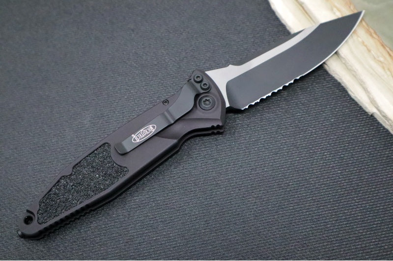 Microtech SOCOM Elite Auto Tactical - Drop Point Black Blade with Partial Serrate / Black Aluminum Handle / Black Chassis 160A-2T - Northwest Knives