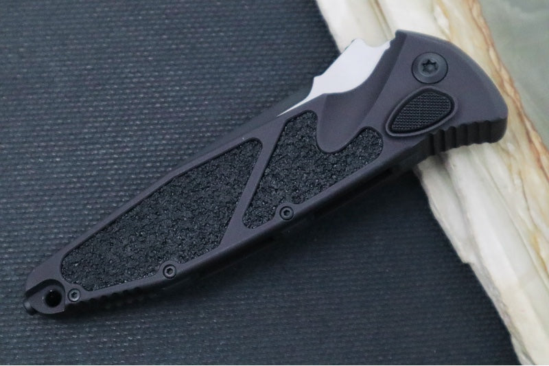 Microtech SOCOM Elite Auto Tactical - Drop Point Black Blade with Partial Serrate / Black Aluminum Handle / Black Chassis 160A-2T - Northwest Knives