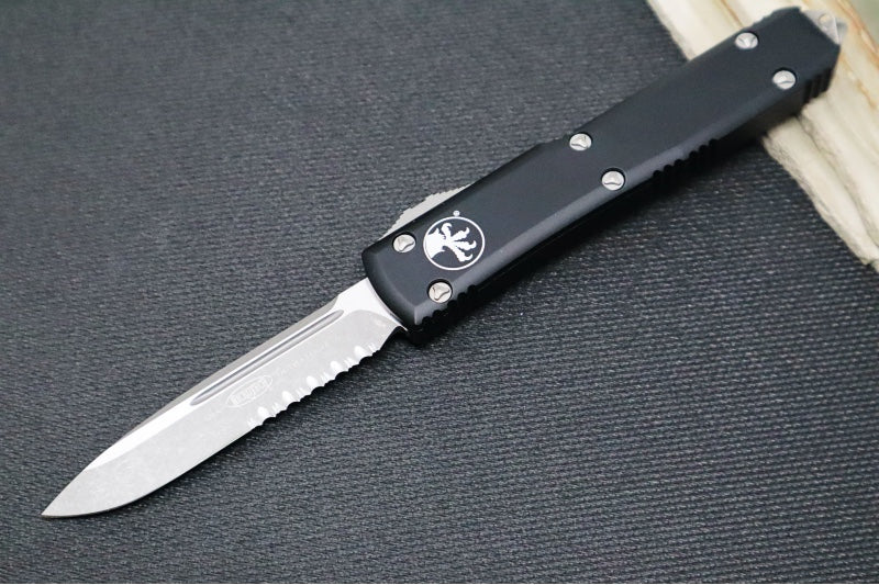 Microtech Ultratech OTF - Single Edge with Partial Serrate / Apocalyptic Finish / Black Anodized Aluminum Handle - 121-11AP