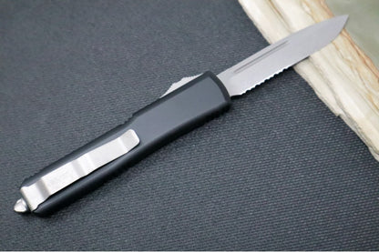 Microtech Ultratech OTF - Single Edge with Partial Serrate / Apocalyptic Finish / Black Anodized Aluminum Handle - 121-11AP