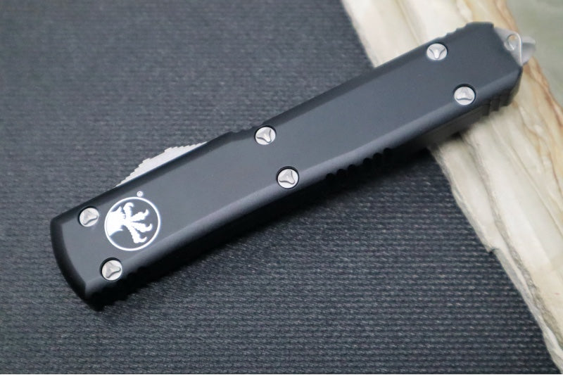 Microtech Ultratech OTF - Single Edge with Partial Serrate / Apocalyptic Finish / Black Anodized Aluminum Handle - 121-11AP