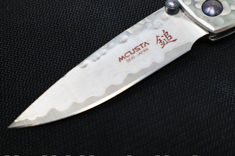 MCUSTA Forge Small Tsuchi Japanese Folding Knife - Layered Damascus Blade / Drop Point / Stainless Steel Handle MC-0113D