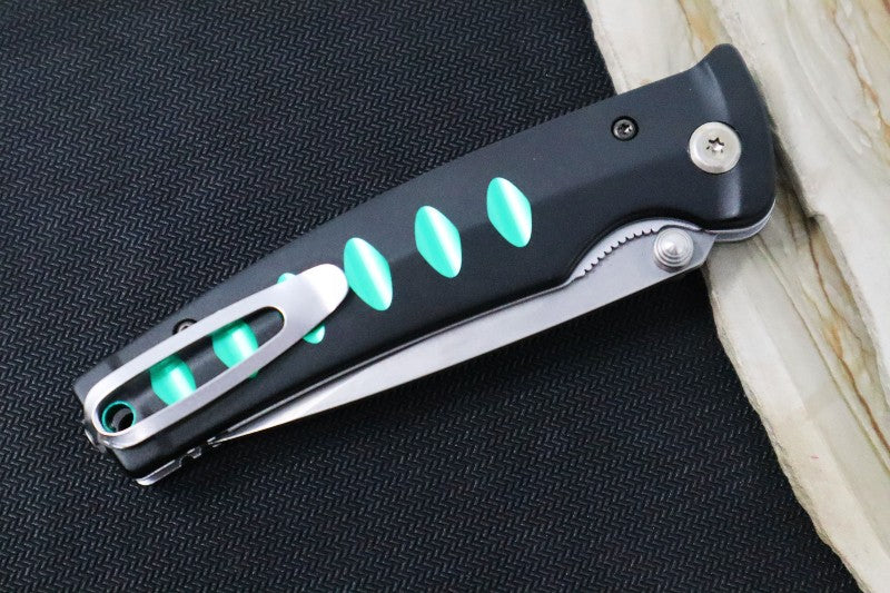 MCUSTA Katana Japanese Folding Knife - San Mai (Cladded) VG-10 Blade / Tanto Point / Black & Green Aluminum Handle MC-0044C