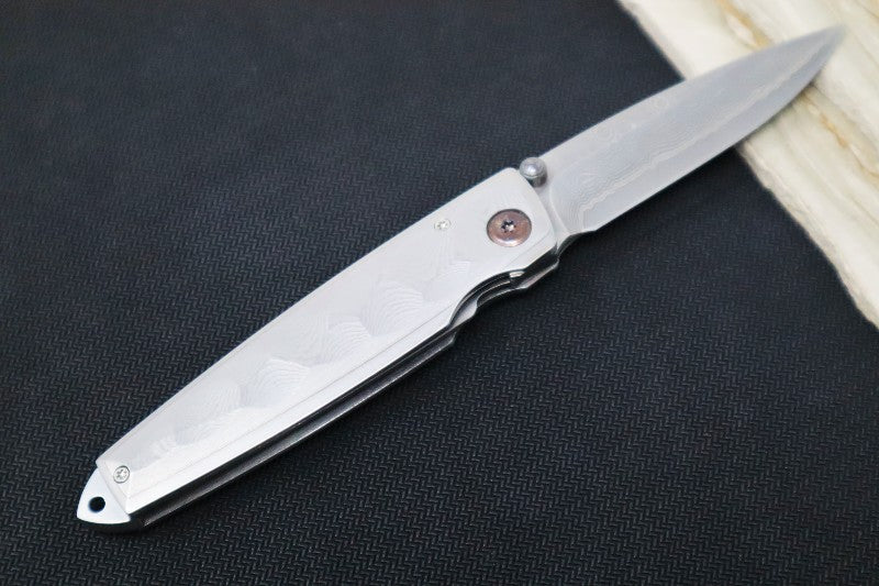 MCUSTA Shinra Tsuchi Japanese Folding Knife - Damascus Blade / Drop Point / Stainless Steel Damascus Handle  MC-0034D