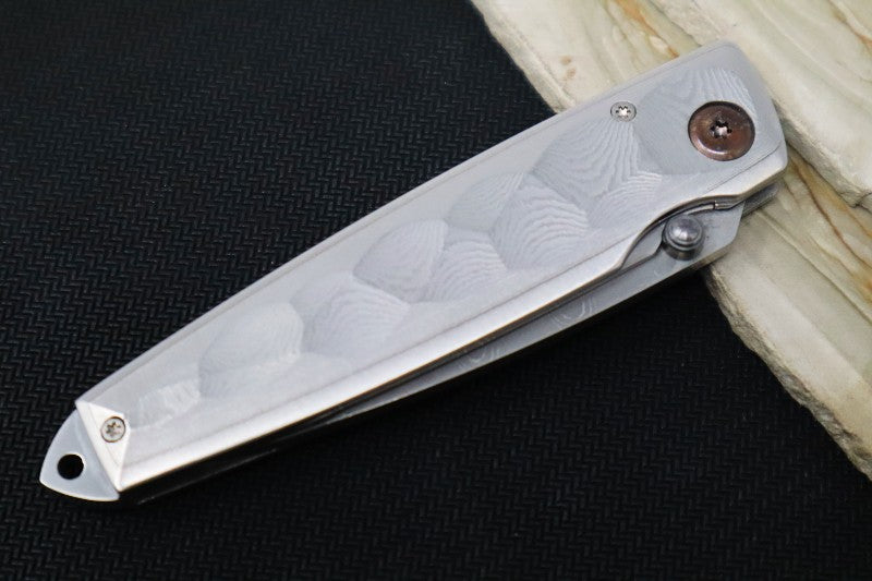 MCUSTA Shinra Tsuchi Japanese Folding Knife - Damascus Blade / Drop Point / Stainless Steel Damascus Handle  MC-0034D