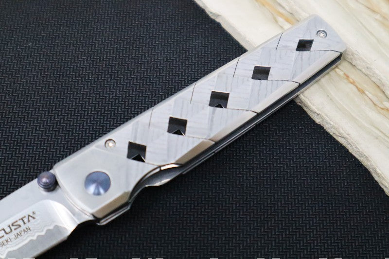MCUSTA Shinra Katana Japanese Folding Knife - Damascus Blade / Drop Point / Stainless Steel Damascus Handle MC-0037D