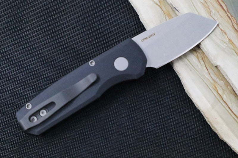 Pro Tech Runt Auto - Black Aluminum Handle / Stonewashed Reverse Tanto Blade / CPM-20CV Steel R5201