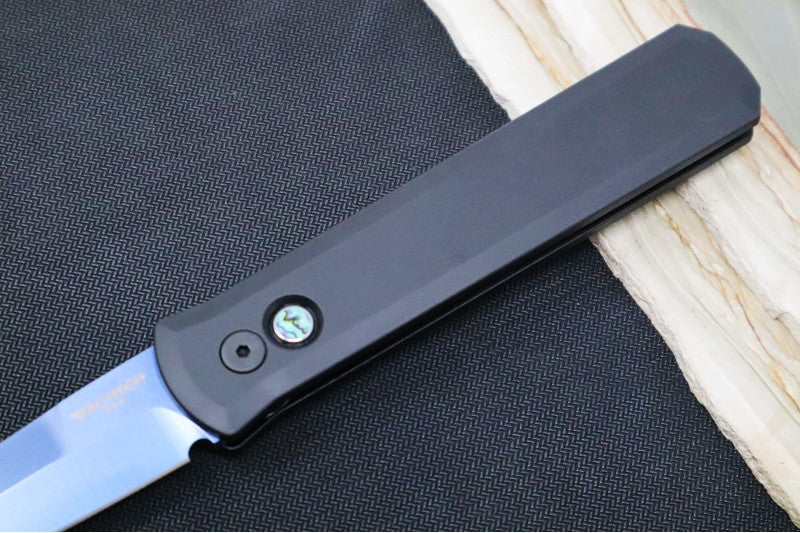 Pro Tech Godfather Auto - Black Aluminum Handle / Sapphire Blue Coated Blade / Abalone Push Button / Black Hardware 921-SB