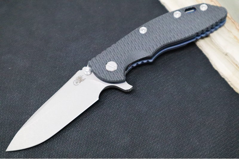 Rick Hinderer Knives XM-18 - 3.5" Spearpoint Blade / Battleworn Finish / Black G-10 & Blue Anodized Handle