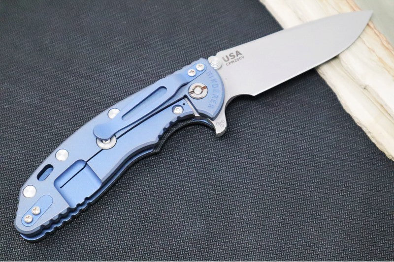 Rick Hinderer Knives XM-18 - 3.5" Spearpoint Blade / Battleworn Finish / Black G-10 & Blue Anodized Handle