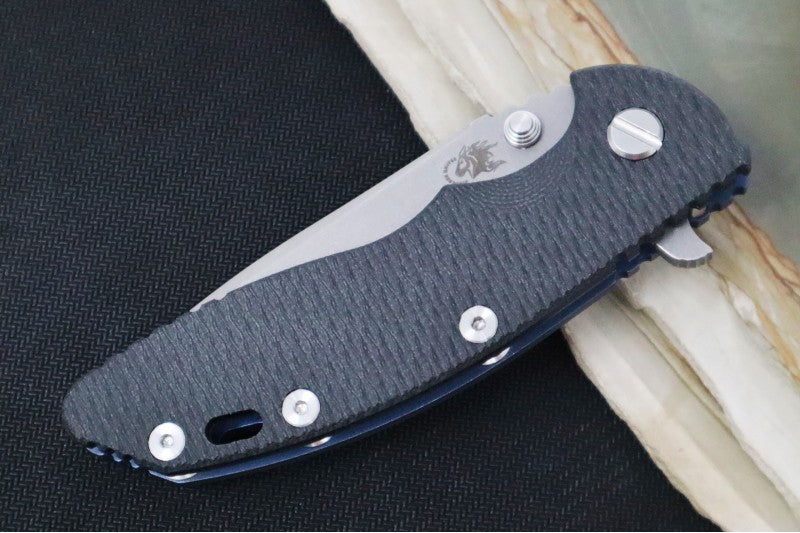 Rick Hinderer Knives XM-18 - 3.5" Spearpoint Blade / Battleworn Finish / Black G-10 & Blue Anodized Handle