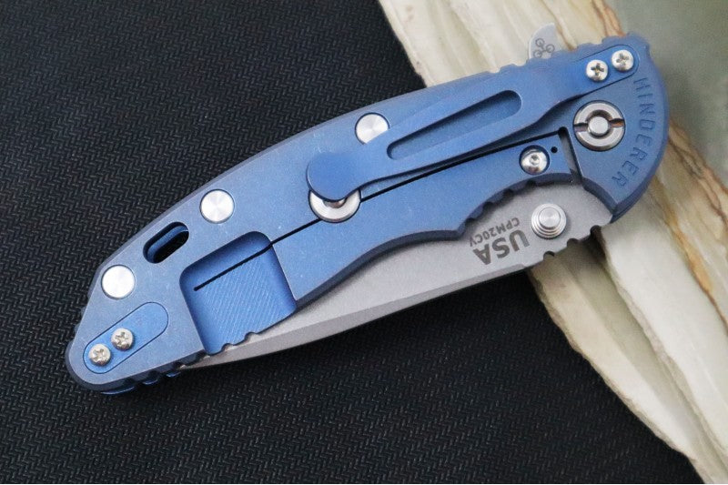 Rick Hinderer Knives XM-18 - 3.5" Spearpoint Blade / Battleworn Finish / Black G-10 & Blue Anodized Handle