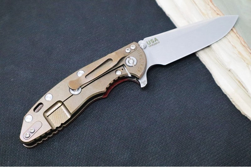 Rick Hinderer Knives XM-18 - 3.5" Spearpoint Blade / Stonewash Finish / Red G-10 Handle & Bronzed Anodized Frame - Northwest Knives