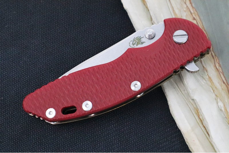 Rick Hinderer Knives XM-18 - 3.5" Spearpoint Blade / Stonewash Finish / Red G-10 Handle & Bronzed Anodized Frame - Northwest Knives