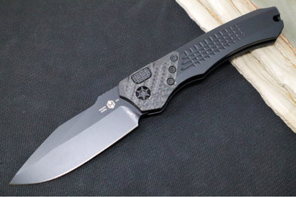 Heretic Knives Wraith Auto - Black DLC Drop Point / Aluminum Handle & Marbled Carbon Fiber Bolster H000-4A-T