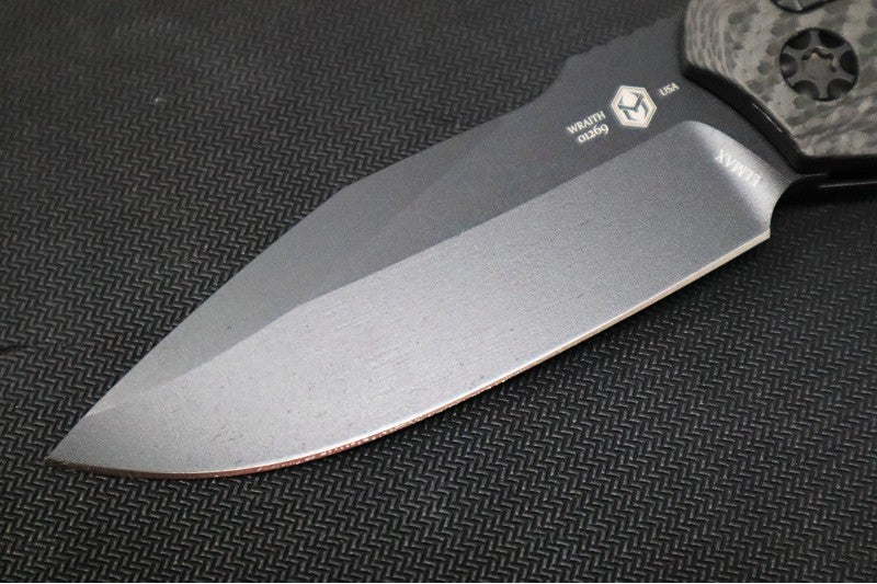 Heretic Knives Wraith Auto - Black DLC Drop Point / Aluminum Handle & Marbled Carbon Fiber Bolster H000-4A-T