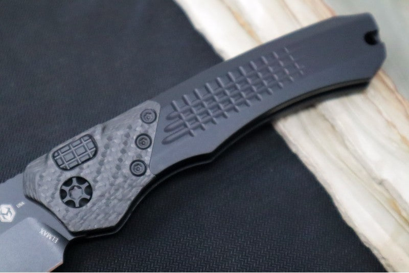 Heretic Knives Wraith Auto - Black DLC Drop Point / Aluminum Handle & Marbled Carbon Fiber Bolster H000-4A-T