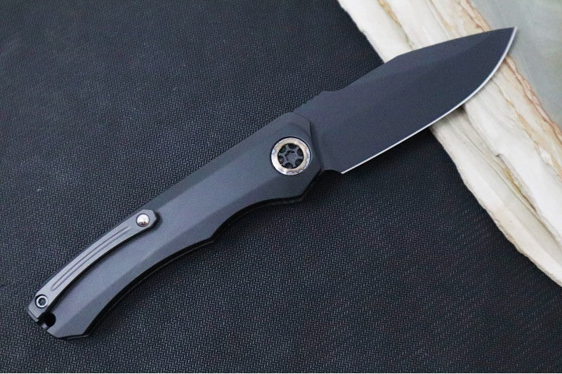 Heretic Knives Wraith Auto - Black DLC Drop Point / Aluminum Handle & Marbled Carbon Fiber Bolster H000-4A-T