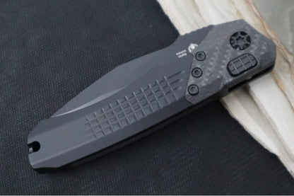 Heretic Knives Wraith Auto - Black DLC Drop Point / Aluminum Handle & Marbled Carbon Fiber Bolster H000-4A-T